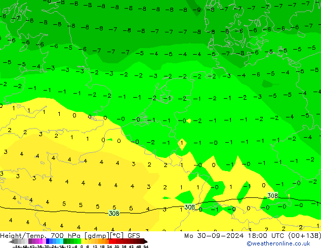 Height/Temp. 700 hPa GFS lun 30.09.2024 18 UTC