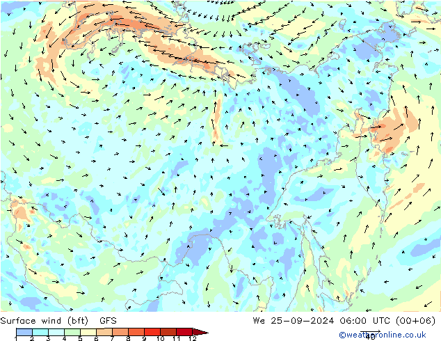 Surface wind (bft) GFS We 25.09.2024 06 UTC