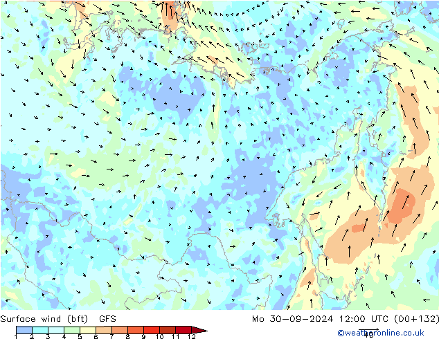 Surface wind (bft) GFS Mo 30.09.2024 12 UTC