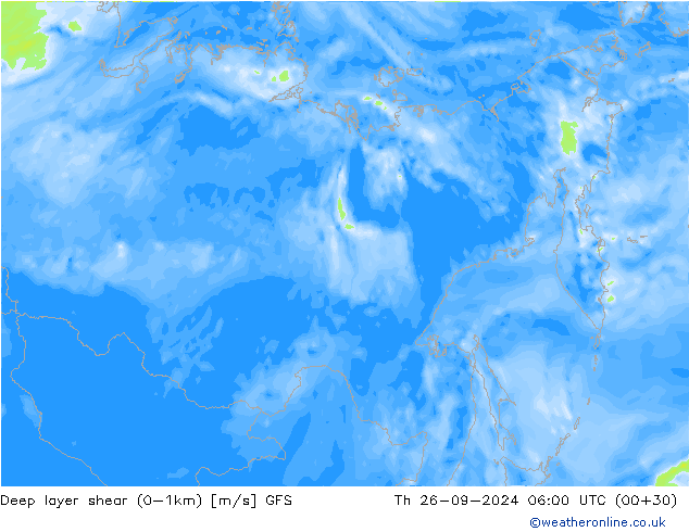 Deep layer shear (0-1km) GFS czw. 26.09.2024 06 UTC