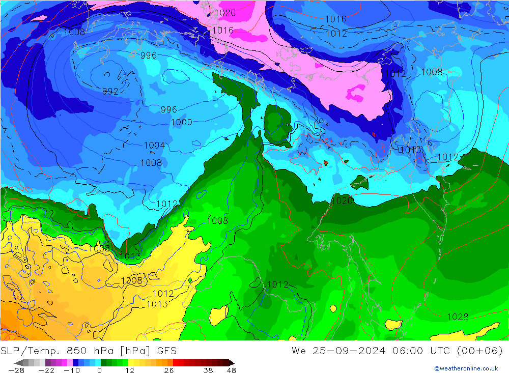 SLP/Temp. 850 hPa GFS śro. 25.09.2024 06 UTC