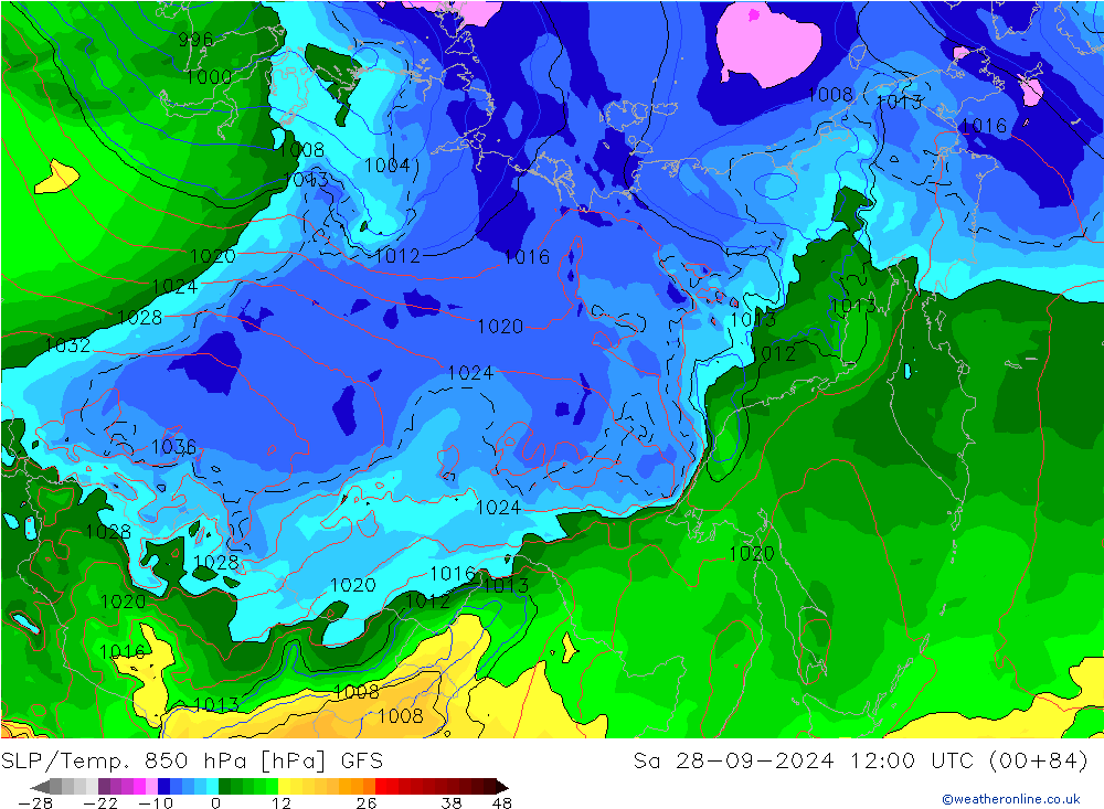 SLP/Temp. 850 hPa GFS Sa 28.09.2024 12 UTC