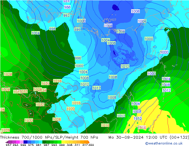 Thck 700-1000 hPa GFS Mo 30.09.2024 12 UTC