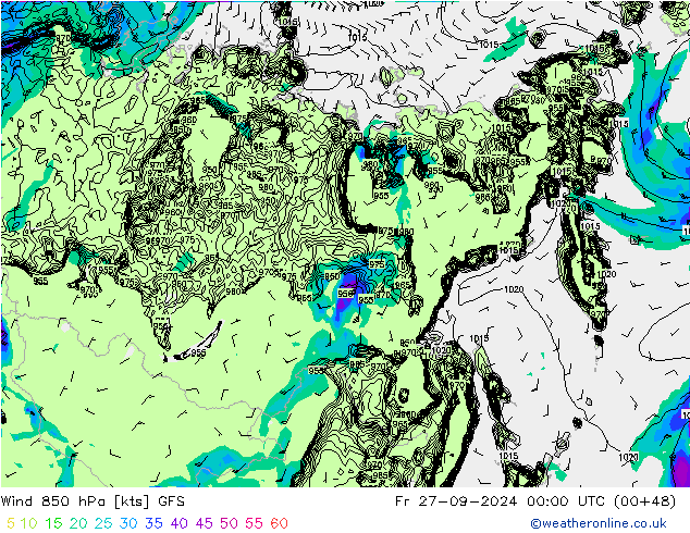 Wind 850 hPa GFS Pá 27.09.2024 00 UTC