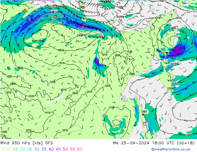 Viento 950 hPa GFS mié 25.09.2024 18 UTC