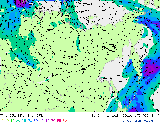 Wind 950 hPa GFS Út 01.10.2024 00 UTC