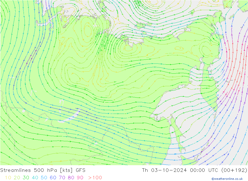 Streamlines 500 hPa GFS Čt 03.10.2024 00 UTC