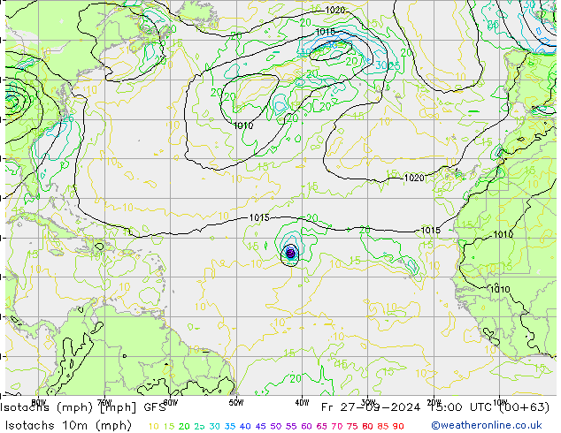 Isotachs (mph) GFS ven 27.09.2024 15 UTC