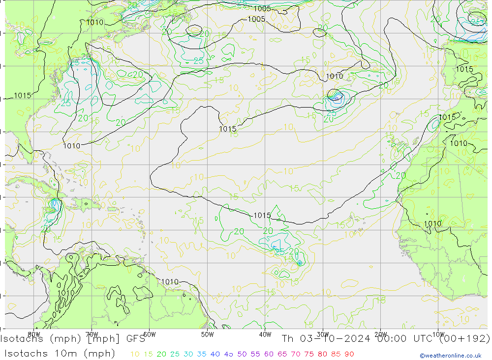 Isotachs (mph) GFS Qui 03.10.2024 00 UTC