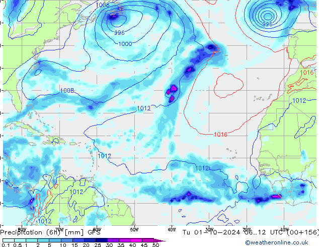 Z500/Rain (+SLP)/Z850 GFS  01.10.2024 12 UTC