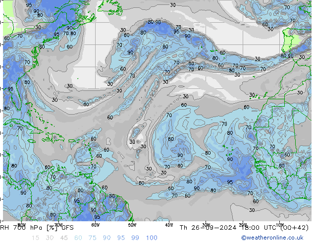 RH 700 hPa GFS czw. 26.09.2024 18 UTC