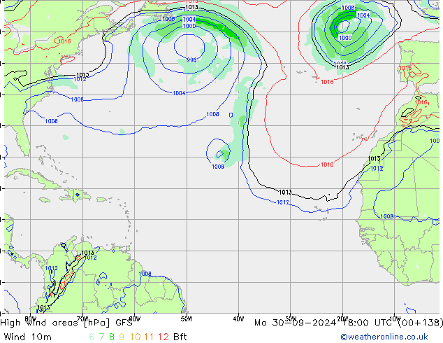 High wind areas GFS Mo 30.09.2024 18 UTC