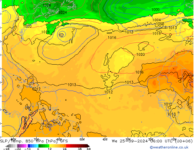 SLP/Temp. 850 hPa GFS śro. 25.09.2024 06 UTC