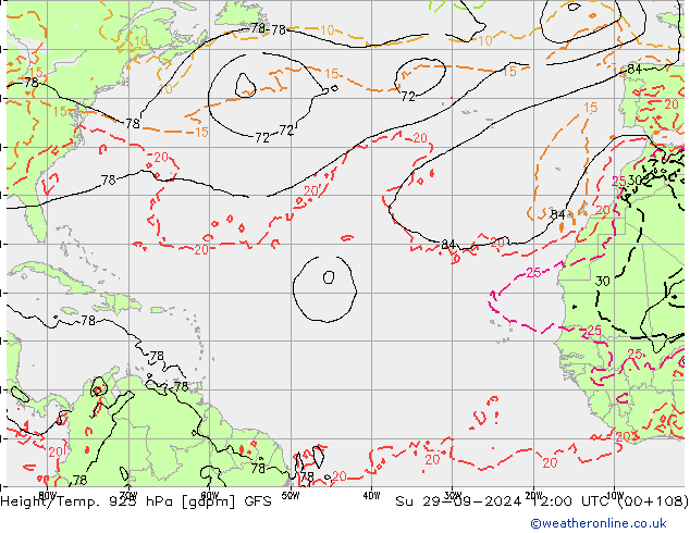 Height/Temp. 925 hPa GFS Ne 29.09.2024 12 UTC