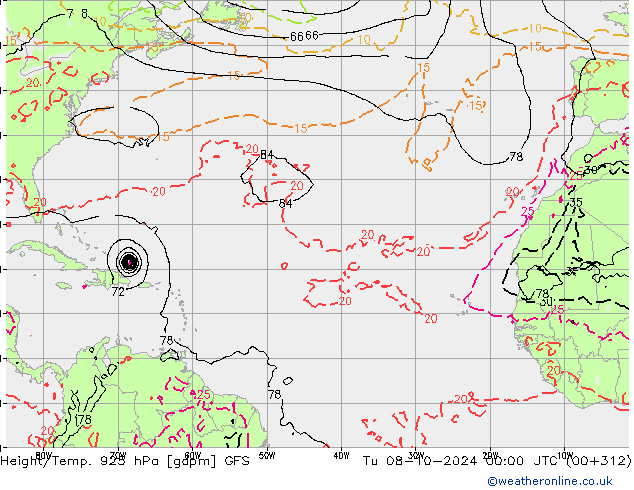 Height/Temp. 925 hPa GFS wto. 08.10.2024 00 UTC