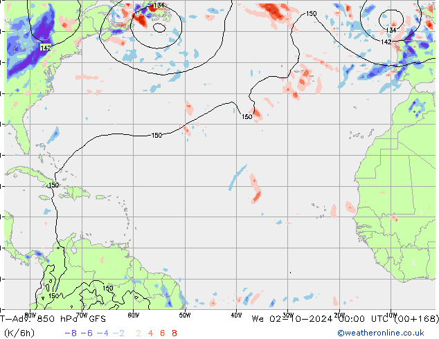 T-Adv. 850 hPa GFS wo 02.10.2024 00 UTC