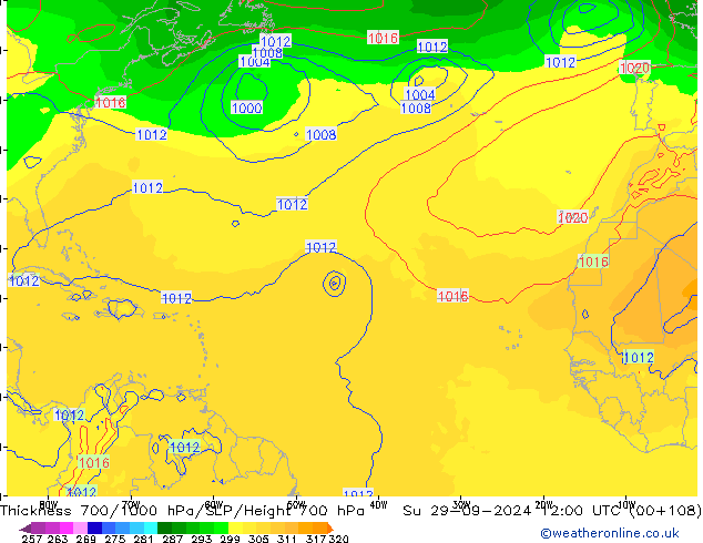 Thck 700-1000 hPa GFS dom 29.09.2024 12 UTC