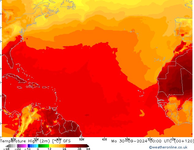 Max.temperatuur (2m) GFS ma 30.09.2024 00 UTC