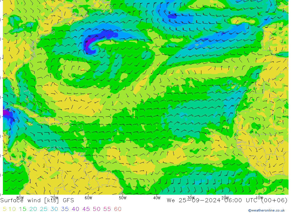 Surface wind GFS We 25.09.2024 06 UTC