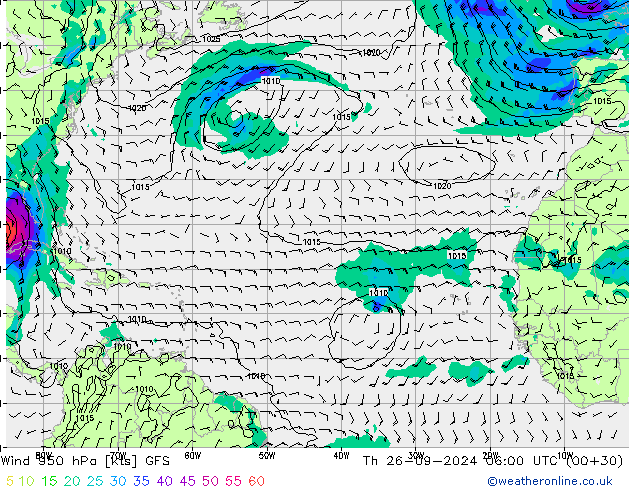 Rüzgar 950 hPa GFS Per 26.09.2024 06 UTC