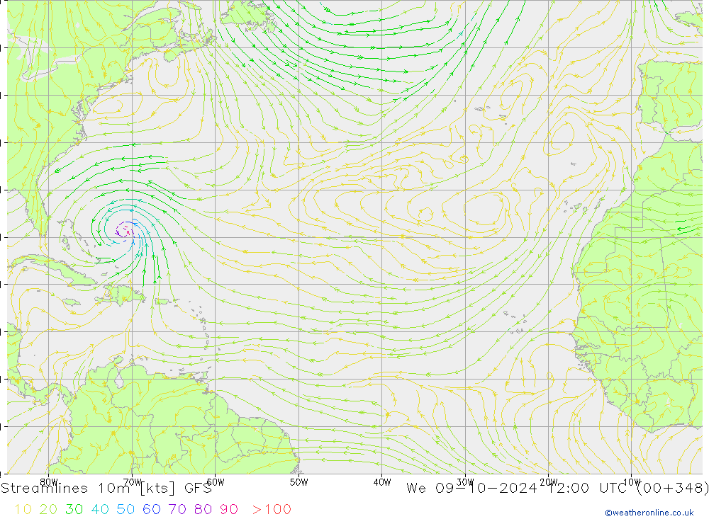 Streamlines 10m GFS St 09.10.2024 12 UTC