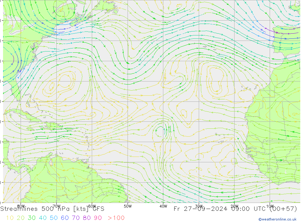 Streamlines 500 hPa GFS Fr 27.09.2024 09 UTC