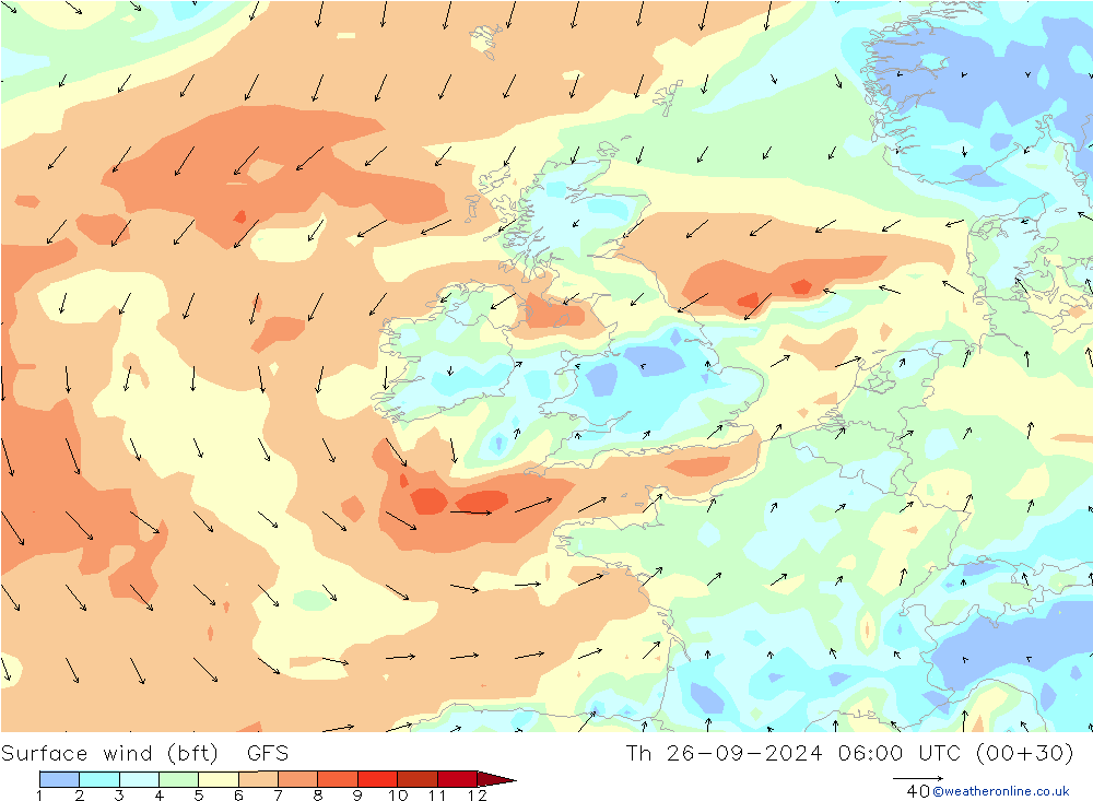 Vent 10 m (bft) GFS jeu 26.09.2024 06 UTC