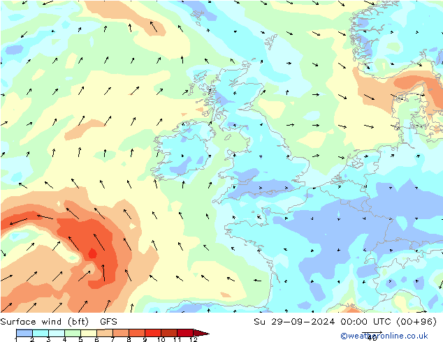 Surface wind (bft) GFS Ne 29.09.2024 00 UTC