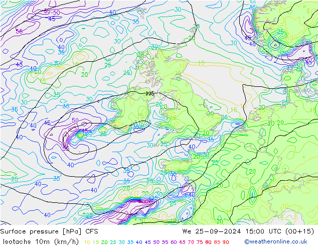 Izotacha (km/godz) GFS śro. 25.09.2024 15 UTC