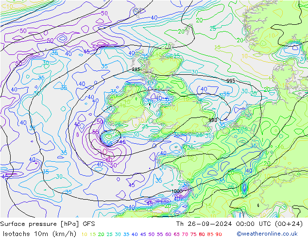 Isotachs (kph) GFS Čt 26.09.2024 00 UTC