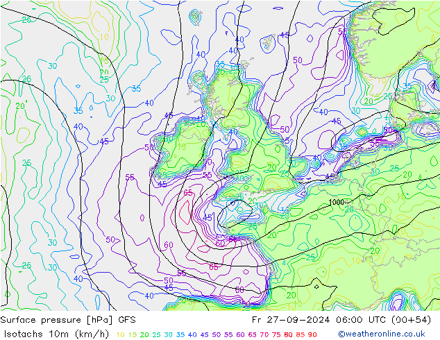 Isotachs (kph) GFS Pá 27.09.2024 06 UTC