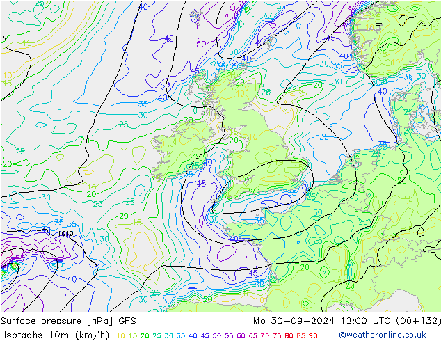 Isotachs (kph) GFS Mo 30.09.2024 12 UTC