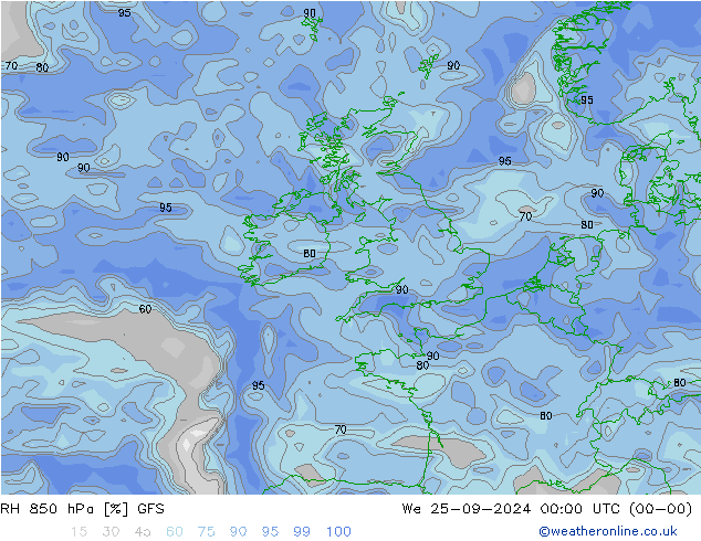 Humidité rel. 850 hPa GFS mer 25.09.2024 00 UTC