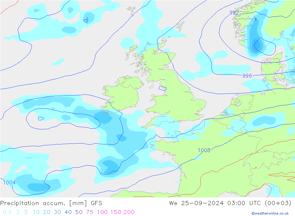 Precipitation accum. GFS mer 25.09.2024 03 UTC