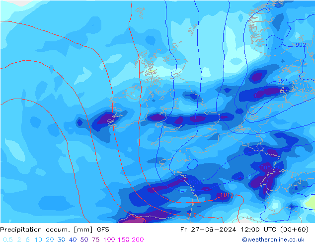 Totale neerslag GFS vr 27.09.2024 12 UTC