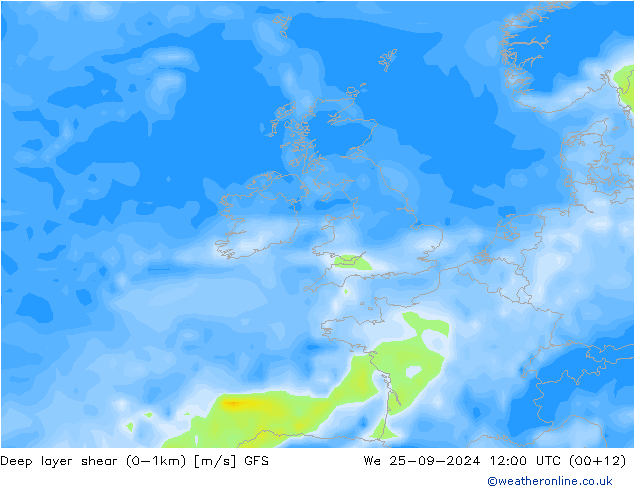 Deep layer shear (0-1km) GFS We 25.09.2024 12 UTC