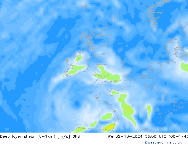 Deep layer shear (0-1km) GFS wo 02.10.2024 06 UTC