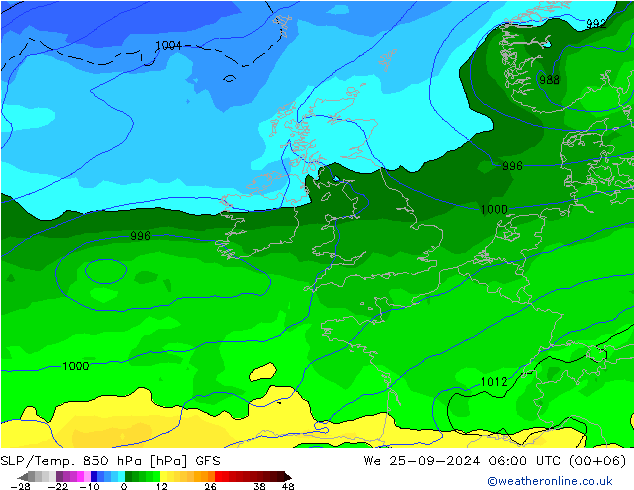 SLP/Temp. 850 hPa GFS St 25.09.2024 06 UTC