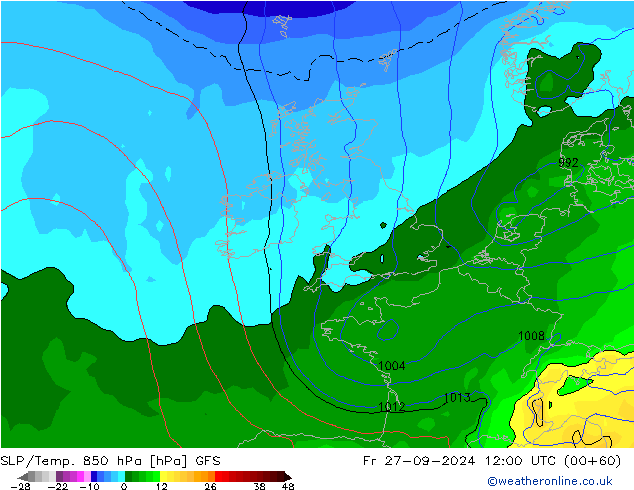 SLP/Temp. 850 hPa GFS vr 27.09.2024 12 UTC