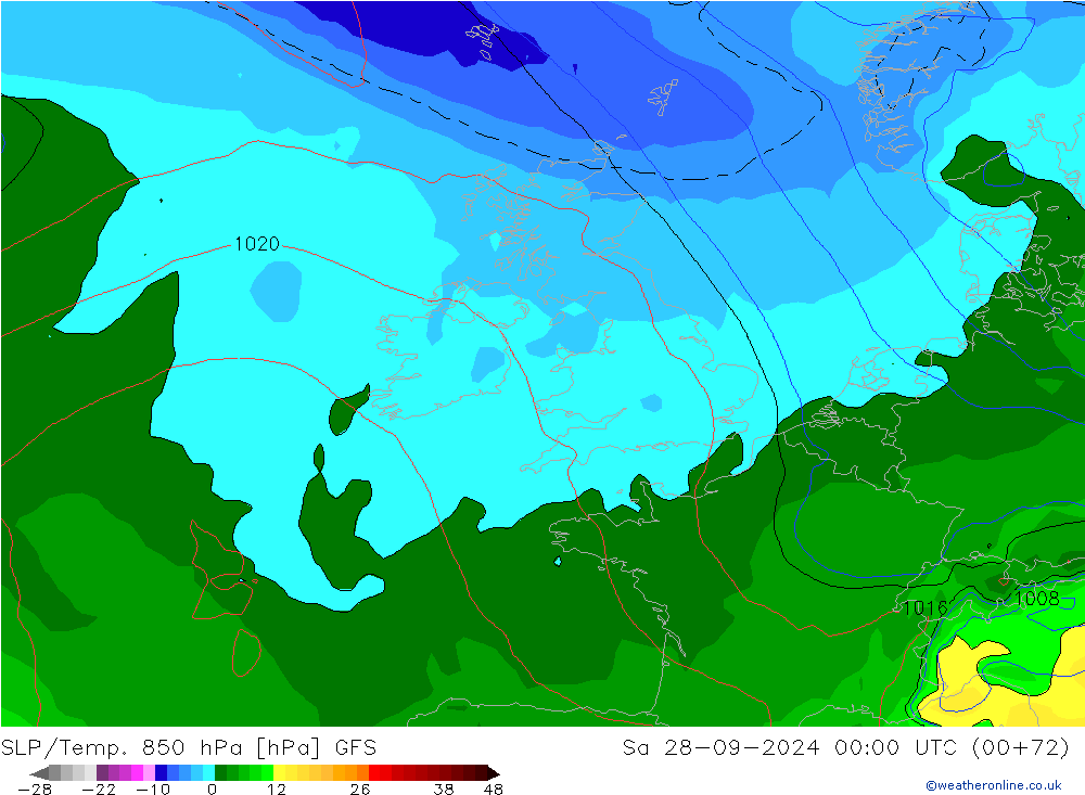 SLP/Temp. 850 hPa GFS so. 28.09.2024 00 UTC