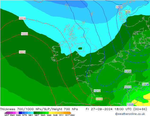 700-1000 hPa Kalınlığı GFS Cu 27.09.2024 18 UTC