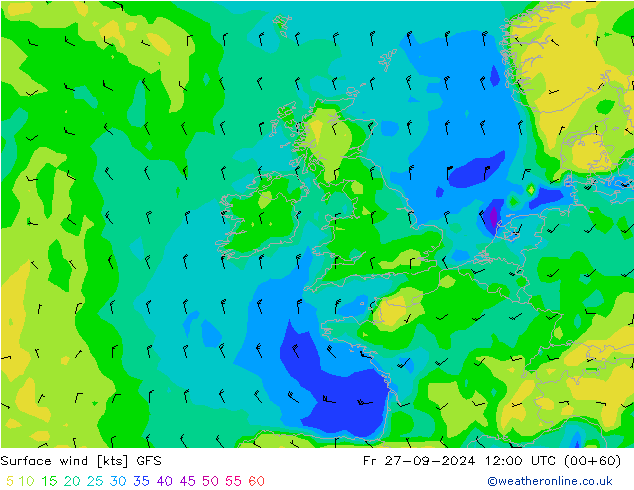 ветер 10 m GFS пт 27.09.2024 12 UTC