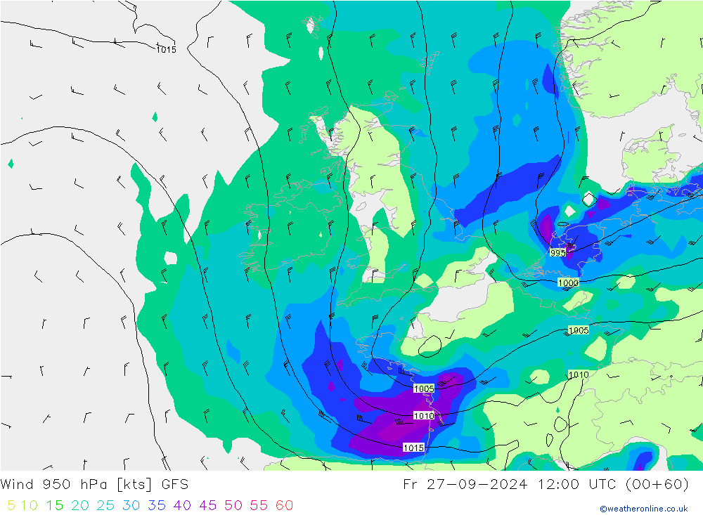 Wind 950 hPa GFS Pá 27.09.2024 12 UTC