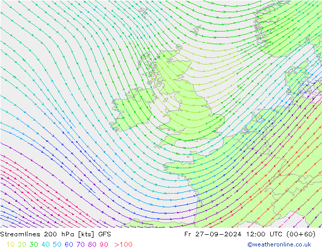 Streamlines 200 hPa GFS Fr 27.09.2024 12 UTC