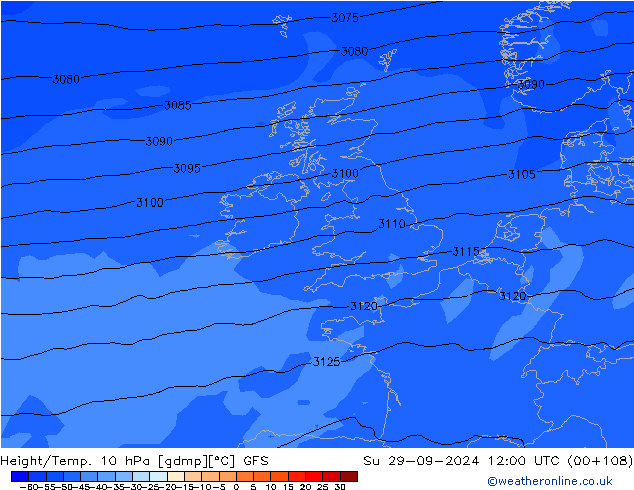 Geop./Temp. 10 hPa GFS dom 29.09.2024 12 UTC