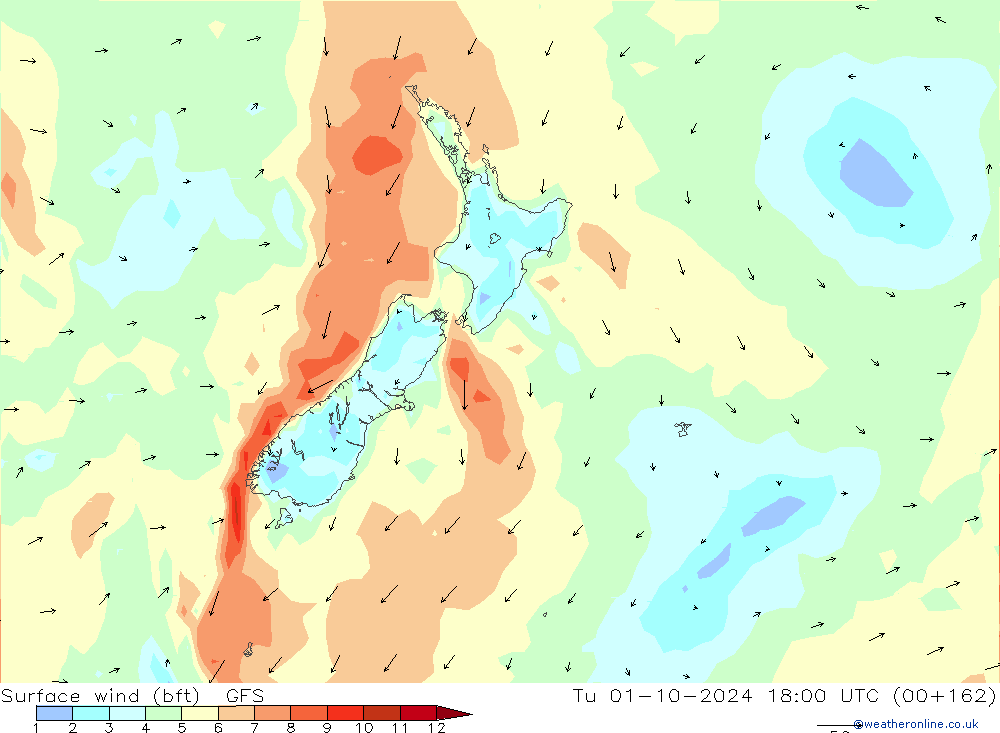 Surface wind (bft) GFS Tu 01.10.2024 18 UTC