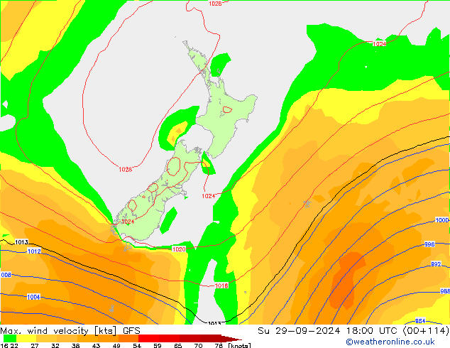 Max. wind velocity GFS dim 29.09.2024 18 UTC