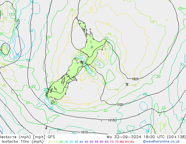 Isotachen (mph) GFS Mo 30.09.2024 18 UTC