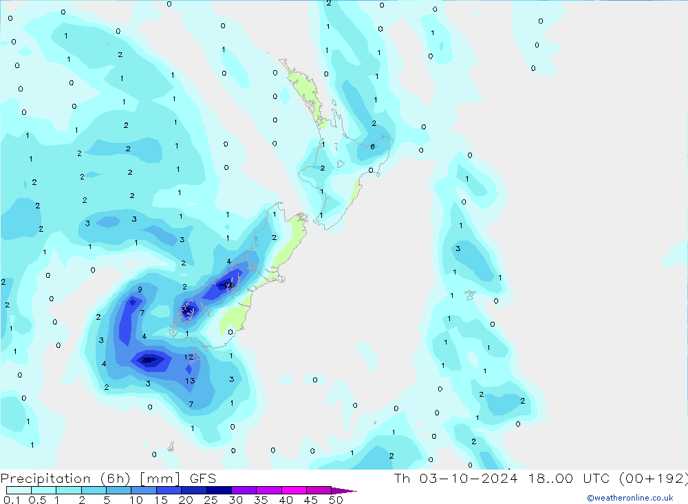 Precipitation (6h) GFS Čt 03.10.2024 00 UTC