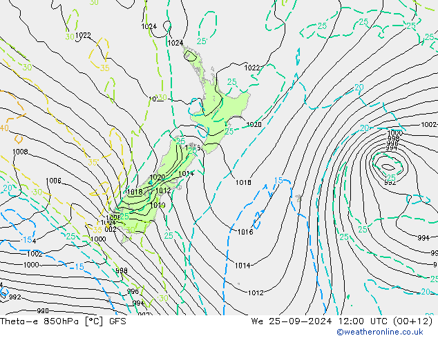 Theta-e 850hPa GFS We 25.09.2024 12 UTC